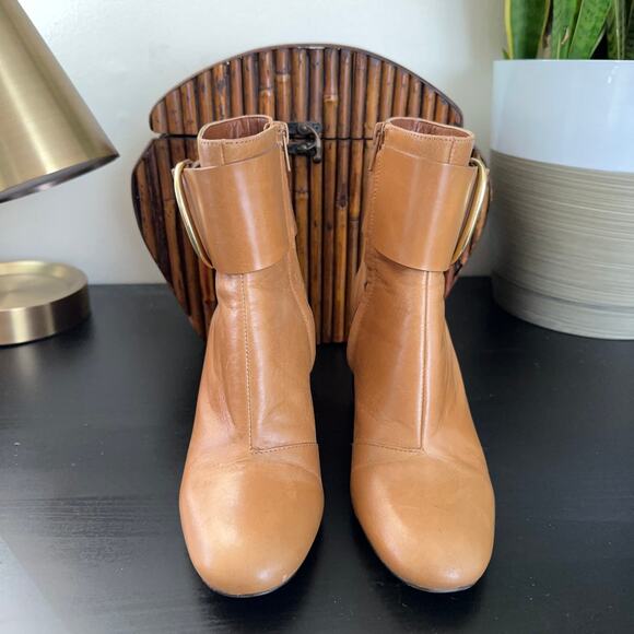 SEE BY CHLOE Hopper Leather Buckle Boots Block Heel Tan Brown Camel - Picture 4 of 9